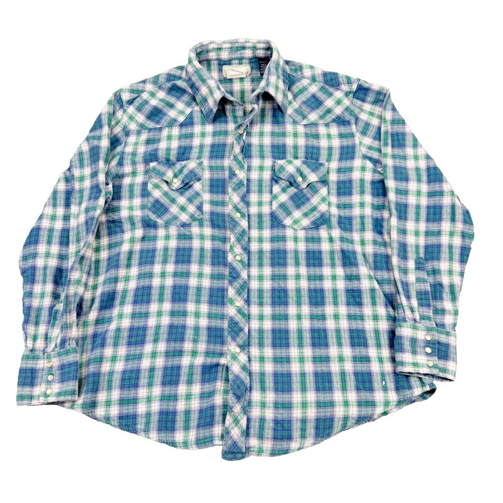 Vintage‎ Wrangler Wrancher Mens Pearly Snap Shirt Size XL Blue Green Plaid